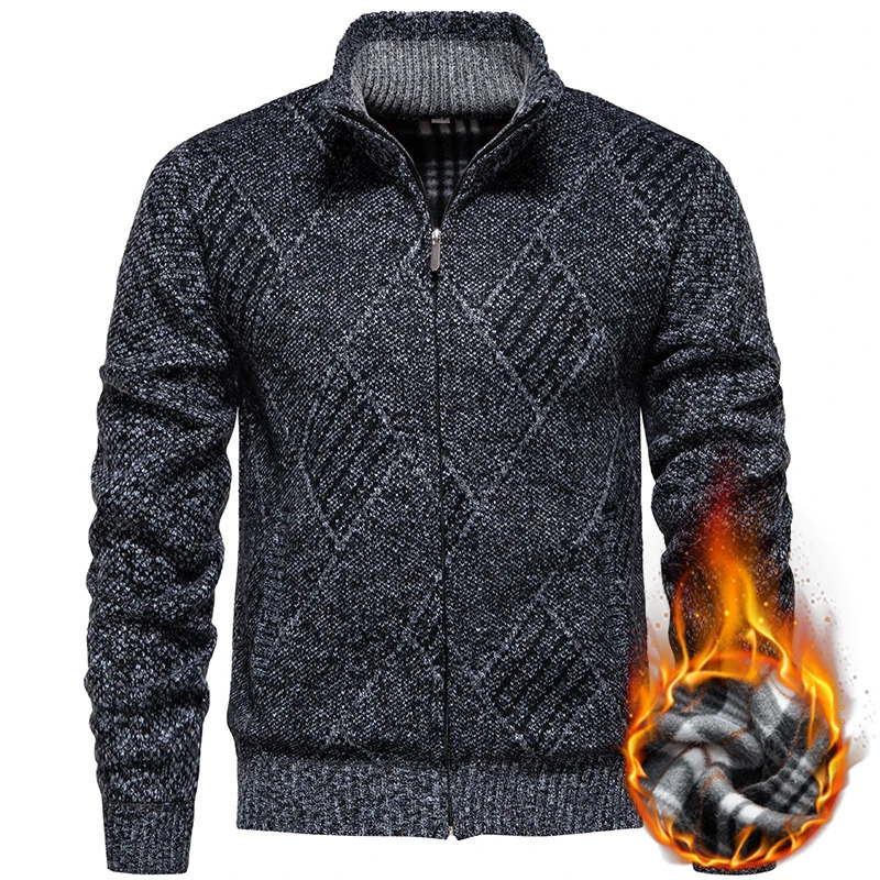 Mens Knitted Sweater Autumn Winter Warm Thick Cardigan Fashion Casual Parka Coat Plaid Stand Up Collar Men Clothing 250207