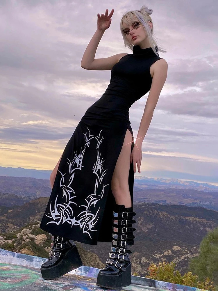 SUCHCUTE Gothic Print Midi Dress For Women Summer Turtleneck Dark Academia Fashion Long Harajuku Sleeveless Black Dresses 250207
