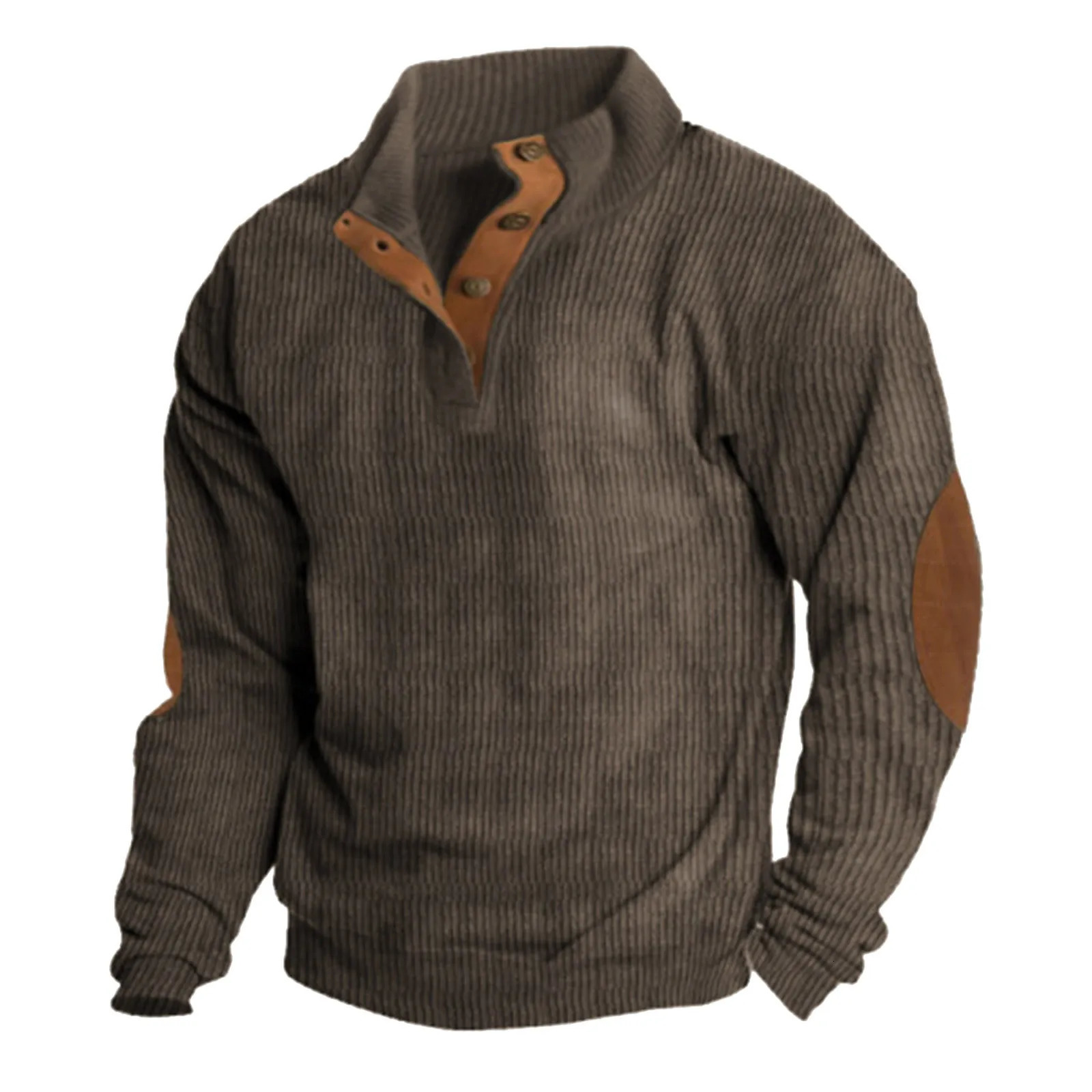 Mens Corduroy Shirt Lapel Collar Button Up Pullover Mock Neck Long Sleeve Sweaters Polo Sweatshirts with Elbow Patches 250207