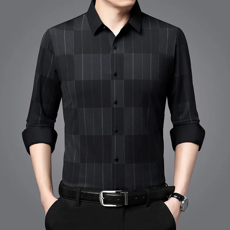 Mens Business Office Plaid Printed PoloNeck Shirt 2023 Fashion Male Clothes Long Sleeve Trend Casual Singlebreasted Shirts 250207