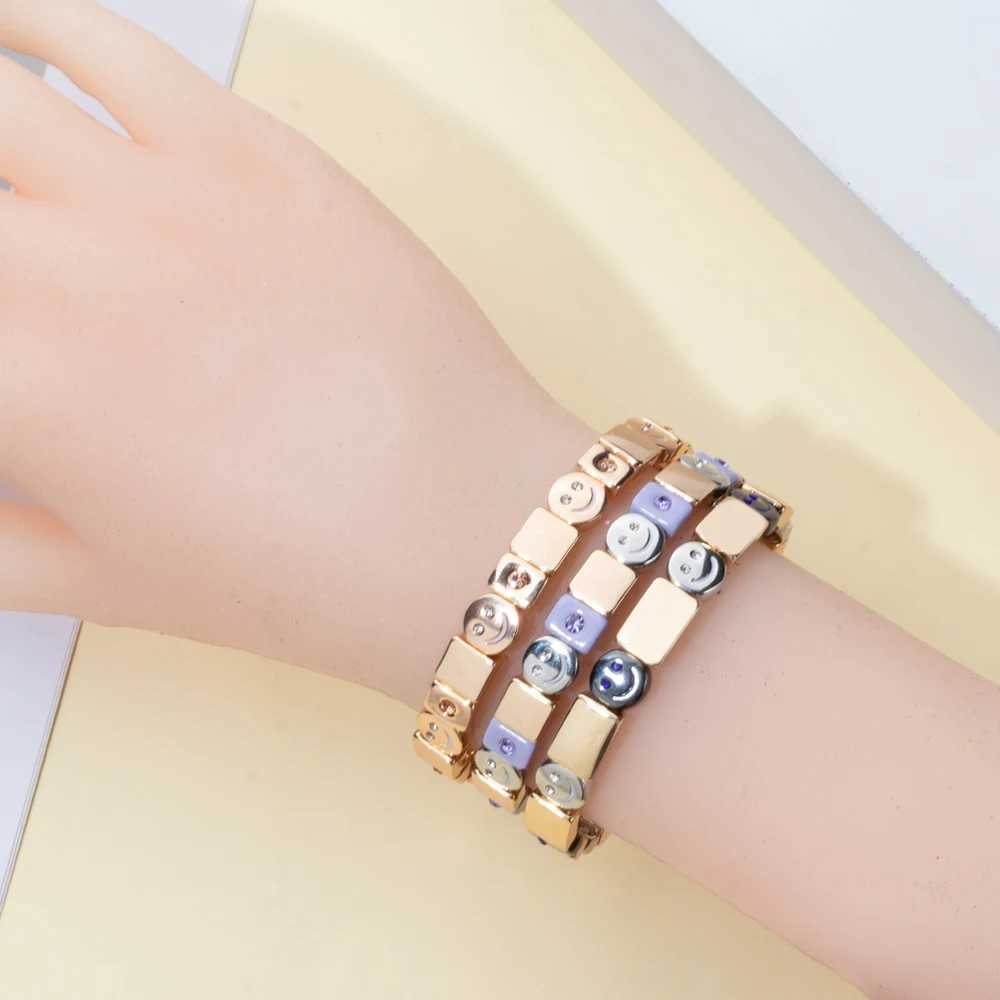 2024 New Gold Color Bangle Happy Elastic Bracelets For Women Beaded Accessory Y250208
