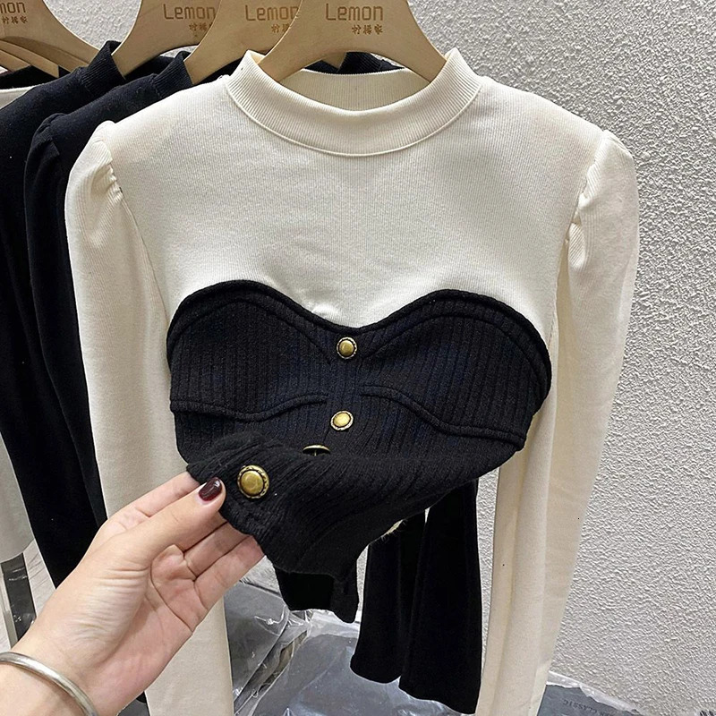 Elegant Patchwork T Shirt Streetwear Long Sleeve Crop Tops Fall Winter Korean Fashion Chic Buttons Slim All Match Tees 250114Z