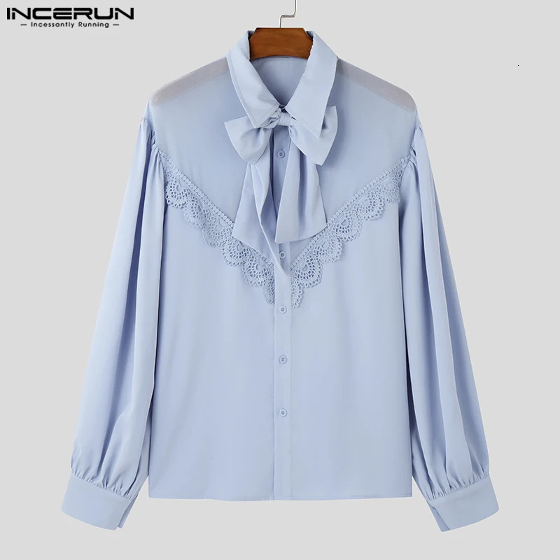 INCERUN Mens French Romance Bow Shirts Casual Loose Stand Collar Tops Handsome Fashion Lacing Splicing Patchwork Top Tunics 250207