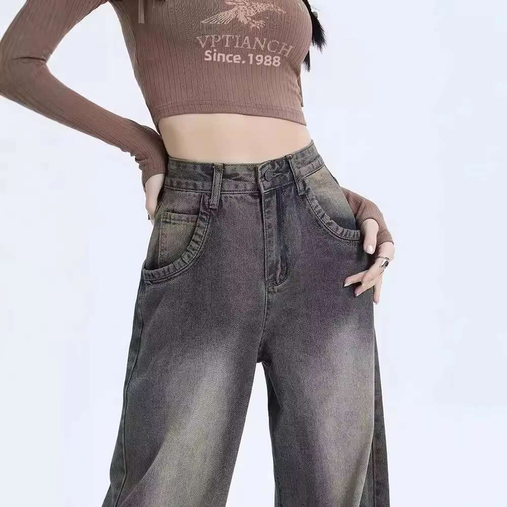 New Arrival Fall 2023 High-Waisted Vintage Wide-Leg Jeans Women's American Style Straight-Leg Casual Loose Fit Denim Trousers