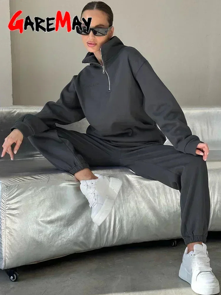 Autumn Womens Tracksuit with Zipper Cotton Oversize White Casual Two Piece Set Women Classic Sports Trouser Suits for Women 250207