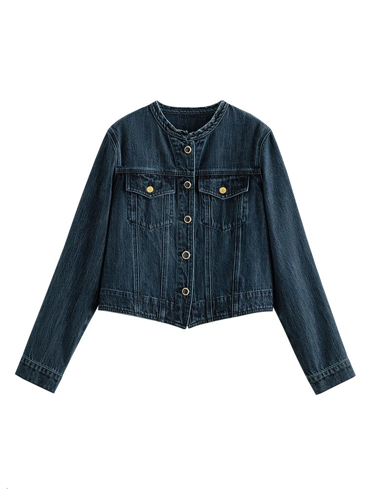 FSLE Retro Denim Short Jacket For Women Autumn Round Neck Female Dark Denim Blue Coats Button Pocket Decoration Jackets 250122