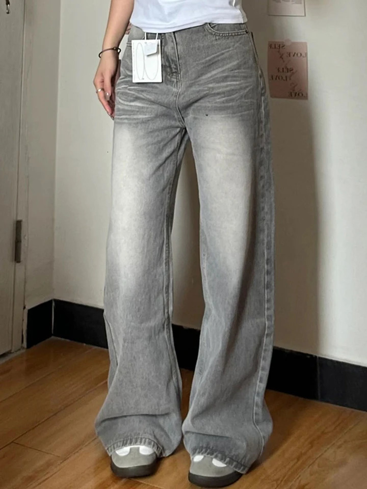 Jmprs Harajuku Streetwear Jean Vintage High Waist Y2K Grey Denim Pants Casual Loose Female Hip Hop American Trousers Fall 250121