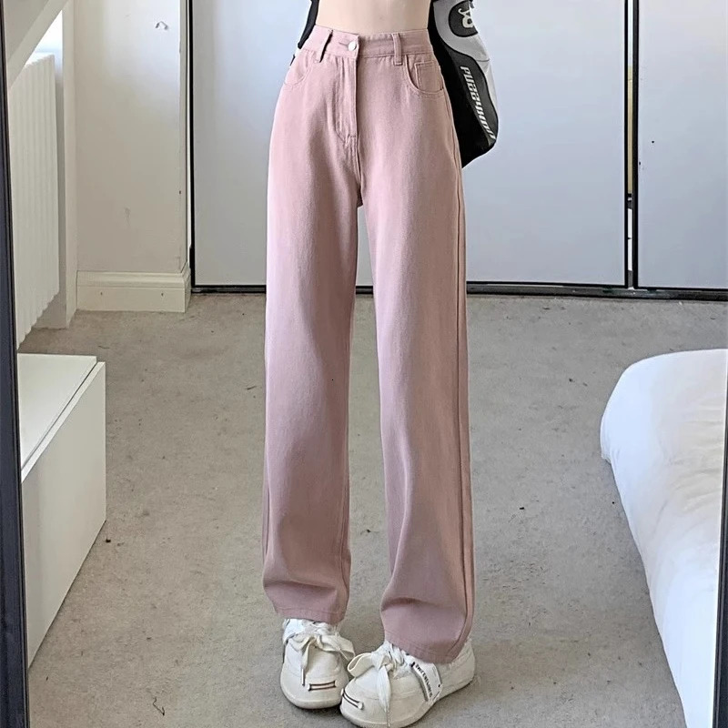 Woman Vintage Wide Leg Jeans Girls High Waist Pants Female Fashion Black Grey Retro Blue Light Pink Denim Trousers 250206