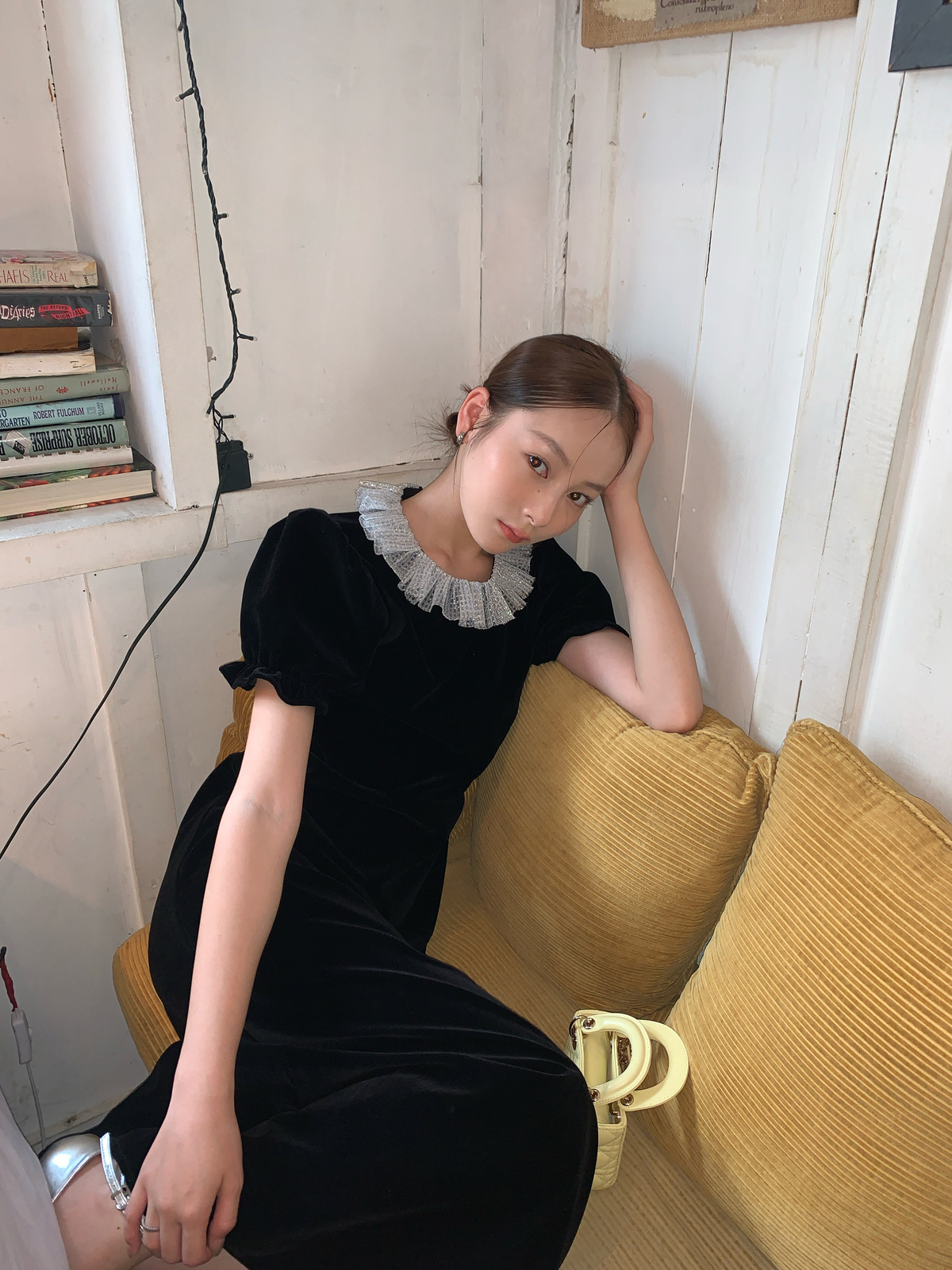 L4300 New Mid-Autumn French Lady Dress Temperament Waist Lace Collar Dress Female