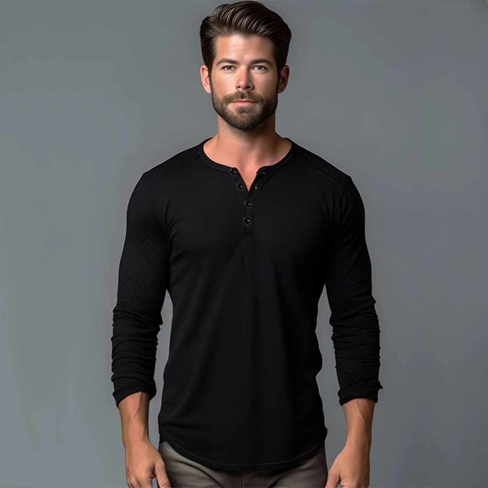 Mens Long Sleeved T-shirt Cotton Slim Fit Bottoming Shirt Fitness Tops Tees Button Neck Casual Cozy Tshirt 250207