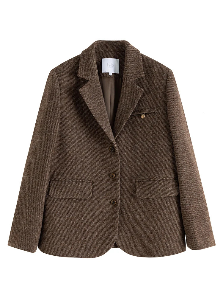 FSLE Retro Classic Style 100% Wool Suit Jacket for Women Niche Winter Brown Woolen Sets Female 250109