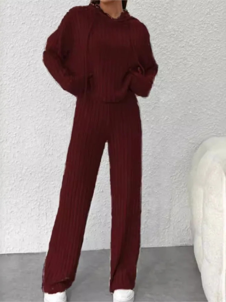 Spring Autumn Womens Solid Color Casual Knitted Striped Hooded Sweatshirt Loose Long Sleeved Long Pants Two-piece Set 250207
