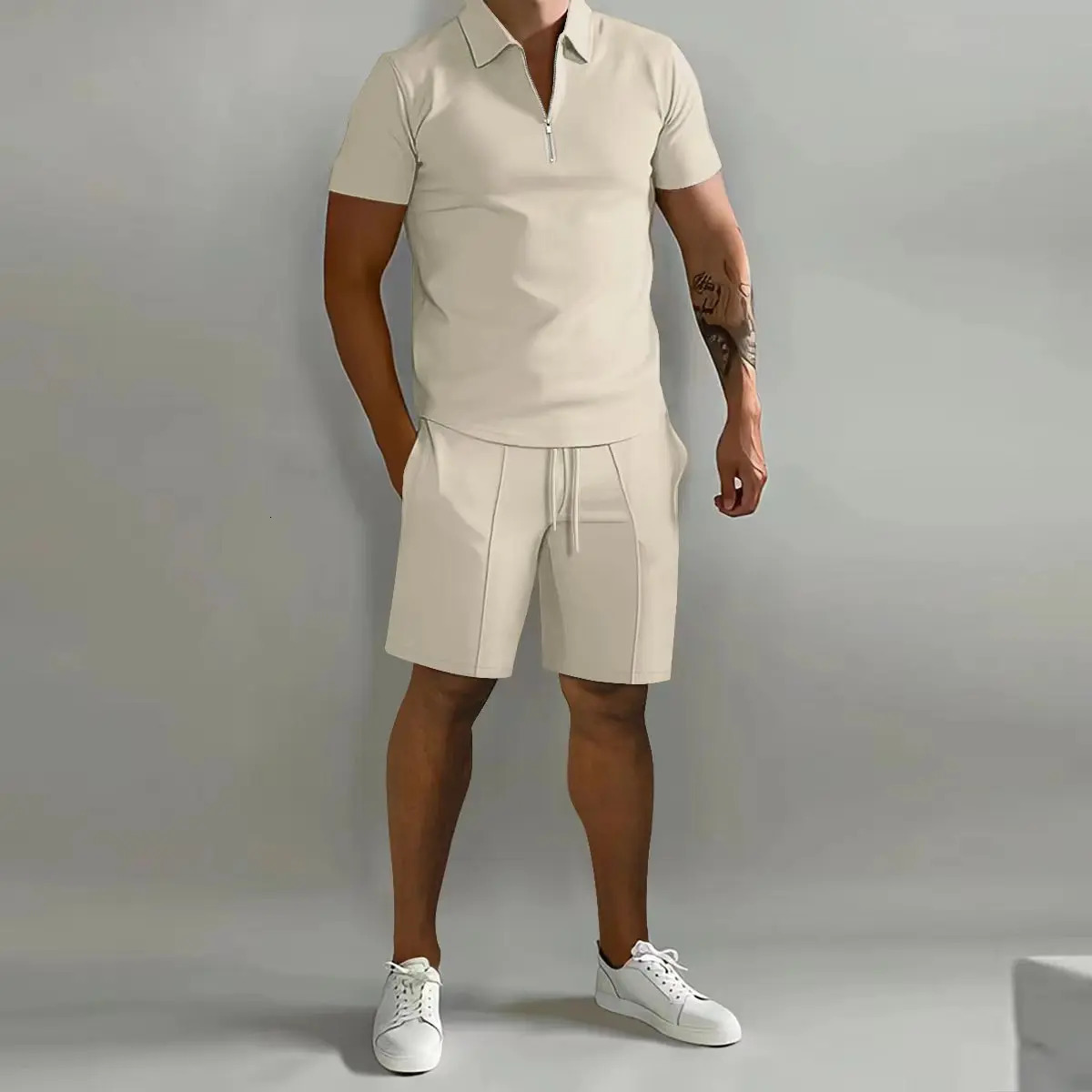 Mens suit solid color polo shirt lapel vertical strip pants short sleeve shorts sports casual loose fashion mens wear 250122