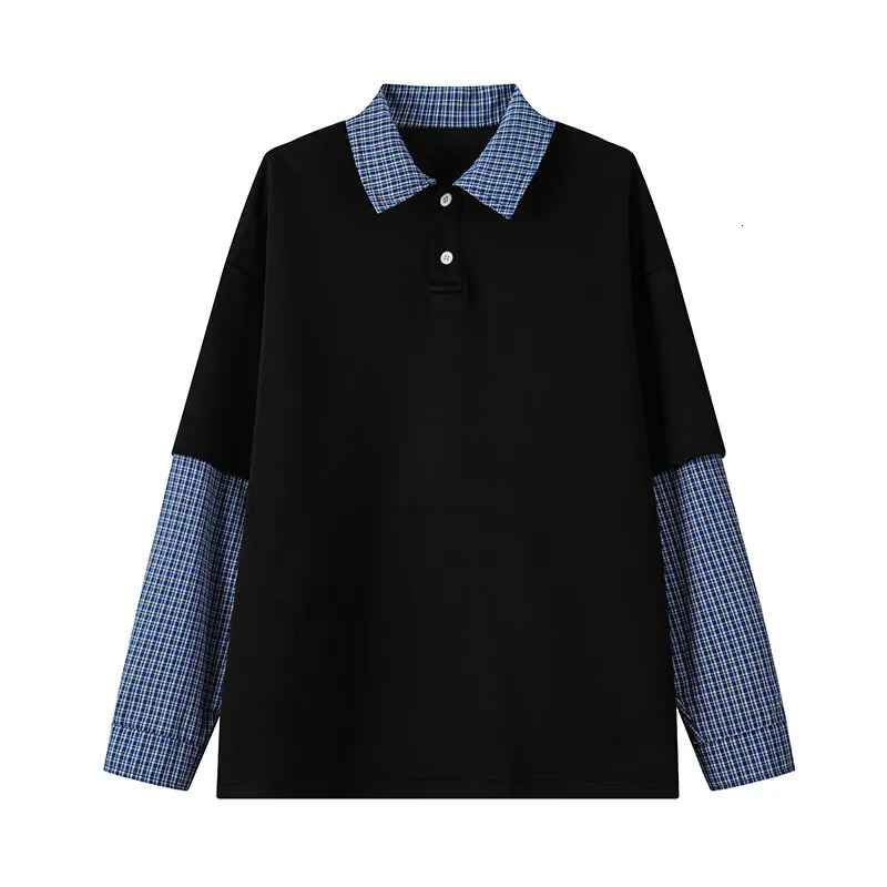 Blue Plaid TwoPiece Illusion Polo Shirt 2025 Spring Long Sleeve Korean Style Lattice Splicing Lapel Sweatshirt Couple 250207