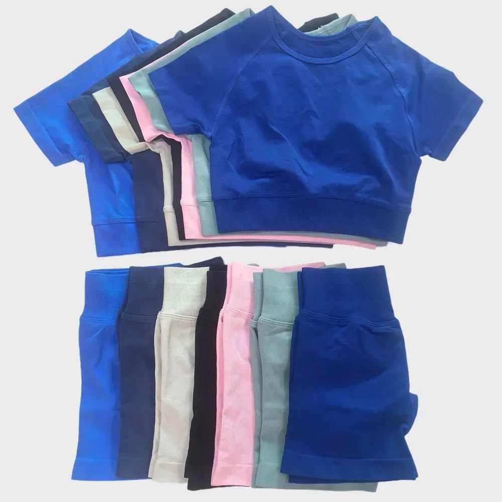 Yoga Outfit 2 Pieces Short Sleeve Crop Top Women Sports Set Gym Shirt+ Impact Shorts Workout Sets Fitness Clothes Suit Seamless H250207