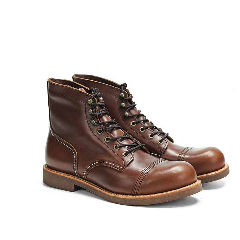 Durable Welted Motorcycle Rugged Heritage Boots Vintage Oil Genuine Leather 8111 Red Punk For Men Cowhide Mid-Cut Shoes250208