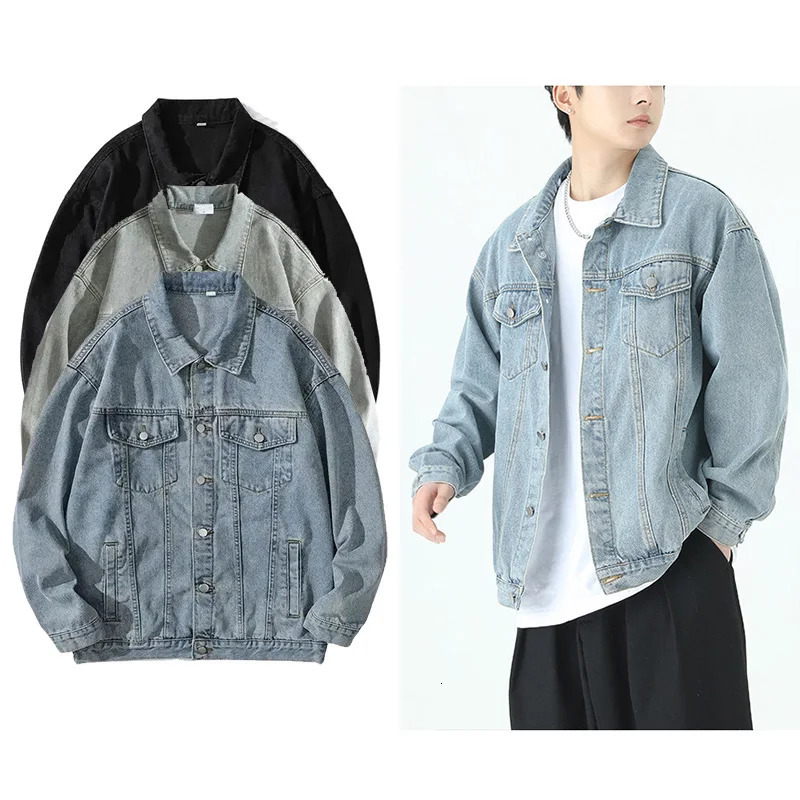 Spring And Summer Mens Workwear Denim Jacket Retro Loose Solid Color Lapel SingleBreasted Tops MultiPocket Clothing 250207