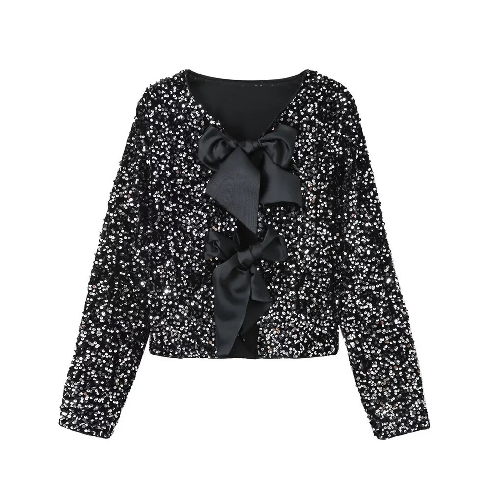 UNIZERA Autumn/Winter Product Womens Fashionable and Stylish Round Neck Long sleeved Bow Tied Sequin Suit Coat 250207
