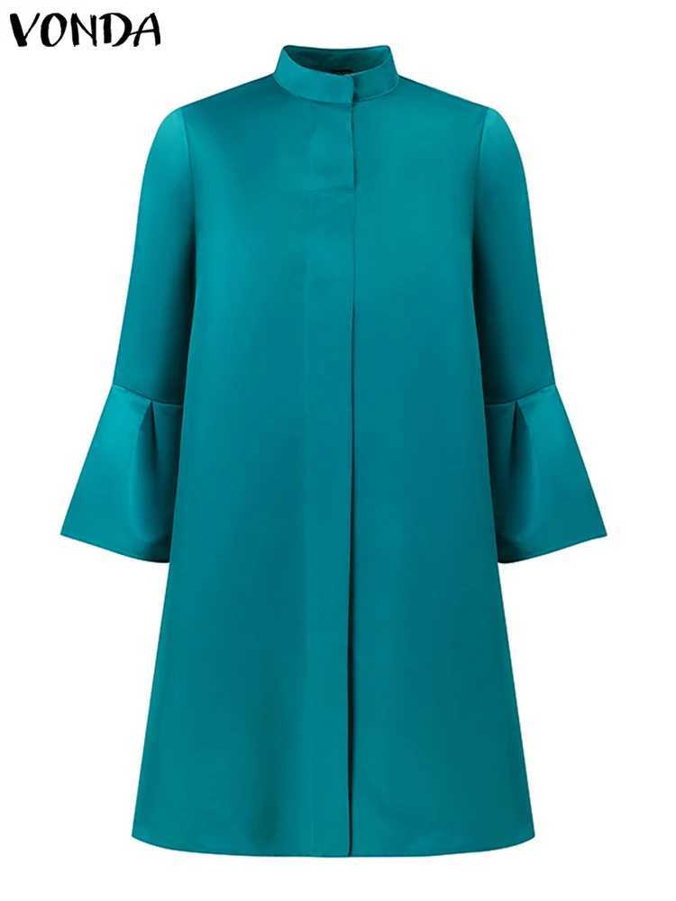 VONDA Women Ele Kn-length Dresses 2024 Causal Puff All Solid Stand Collar Loose Party Dresses Holiday Dress Oversized W250208