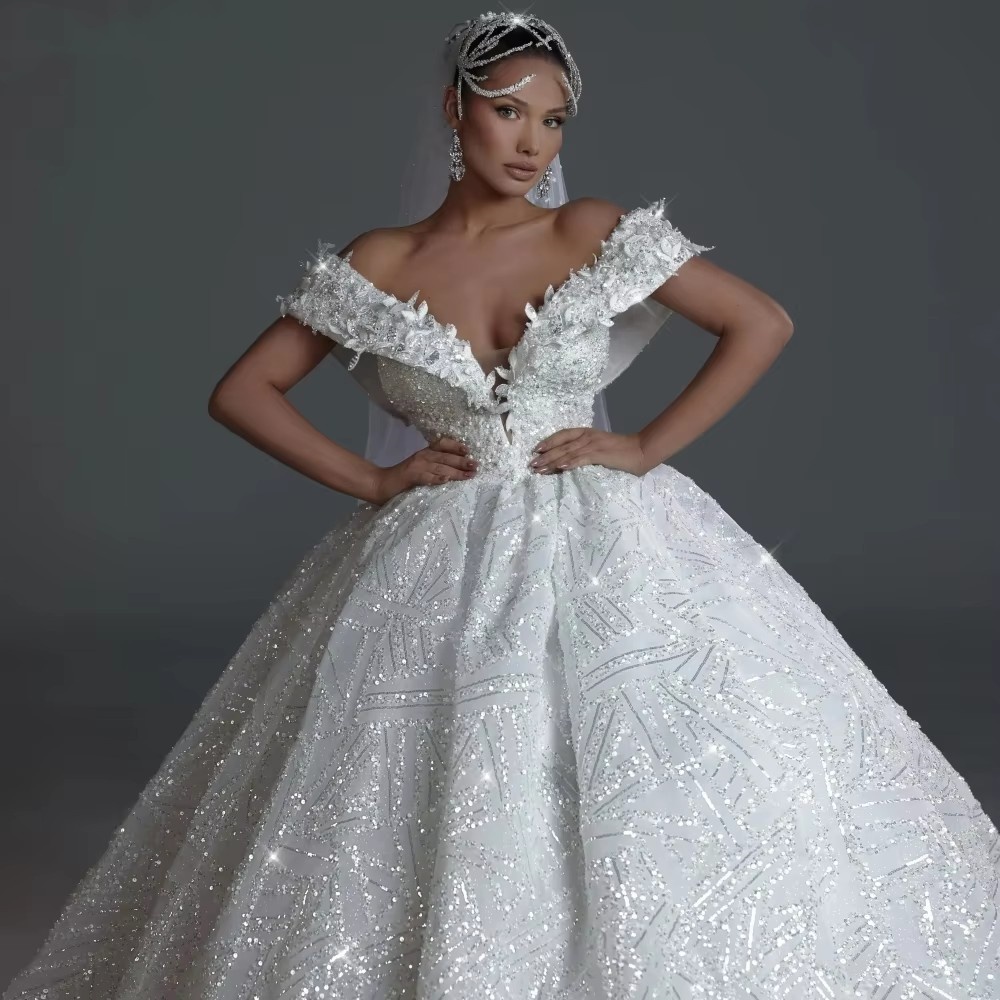 Off Shoulder Ball Wedding Dress, Sequins & Pearls, Sweep Train, Custom Made Bridal Gown