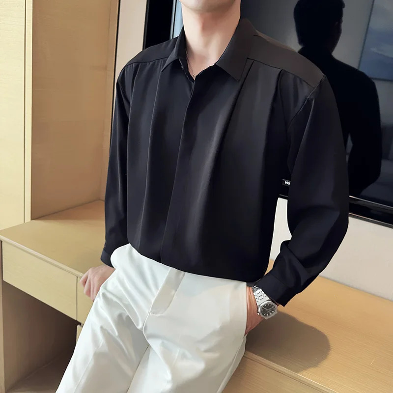 High End Solid Color Shirts Men Loose Pleated Hanging Shirt Long Sleeved Shirt Casual Business Social Men Clothing 250207
