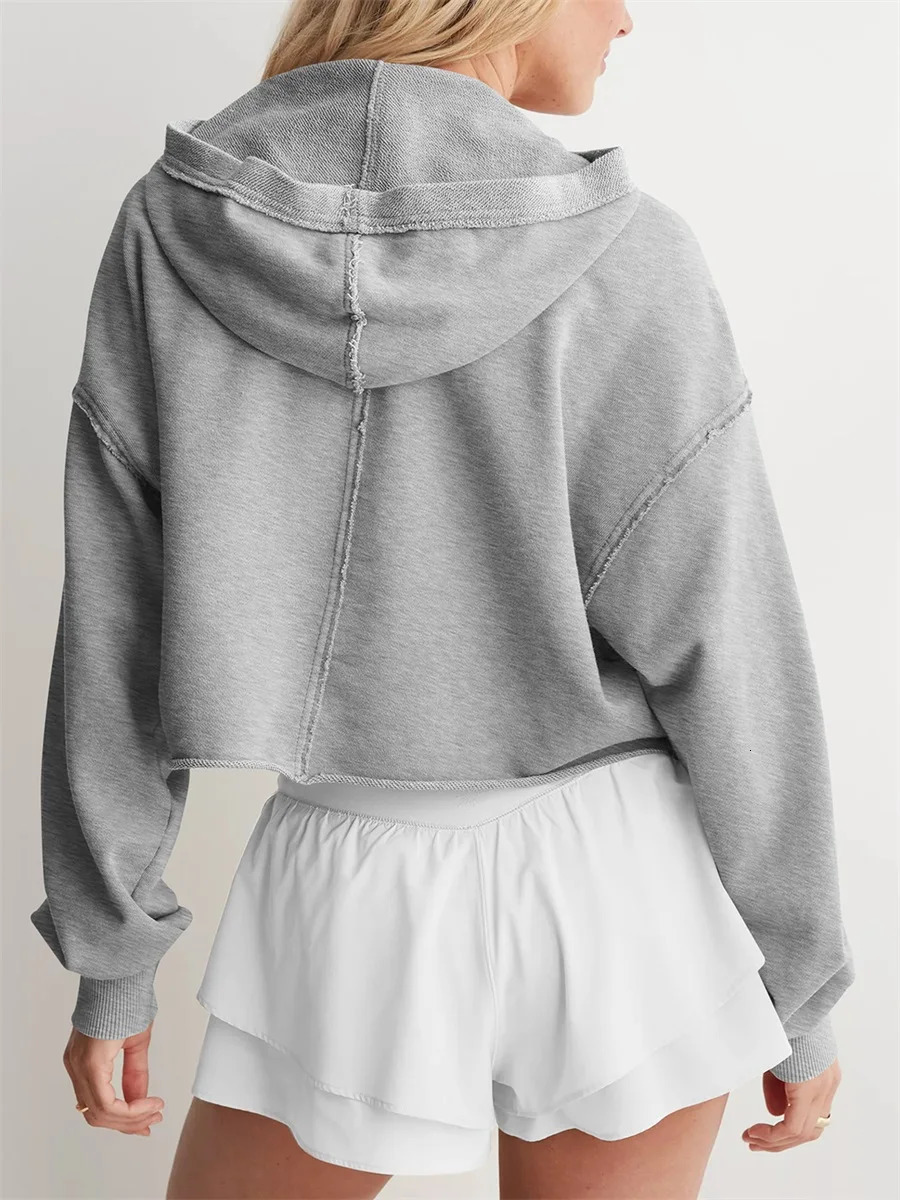 Womens Spring Autumn Hooded Sweatshirt Long Sleeve Solid Color V Neck Crop Hoodie 250121