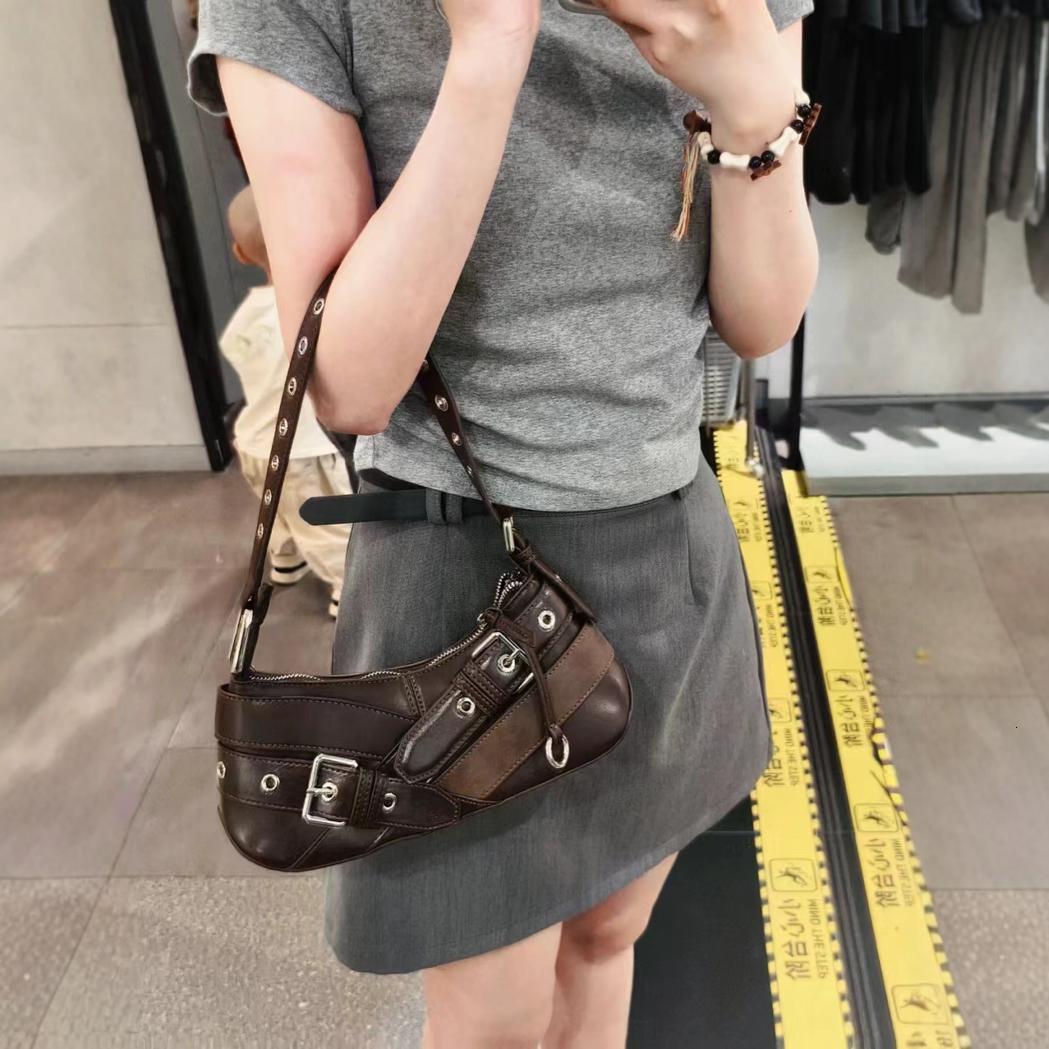 designer bag Women's 2024 Spring New Brown Belt Decoration Fashion Shoulder Underarm Motorcycle Bag Cool Handbag