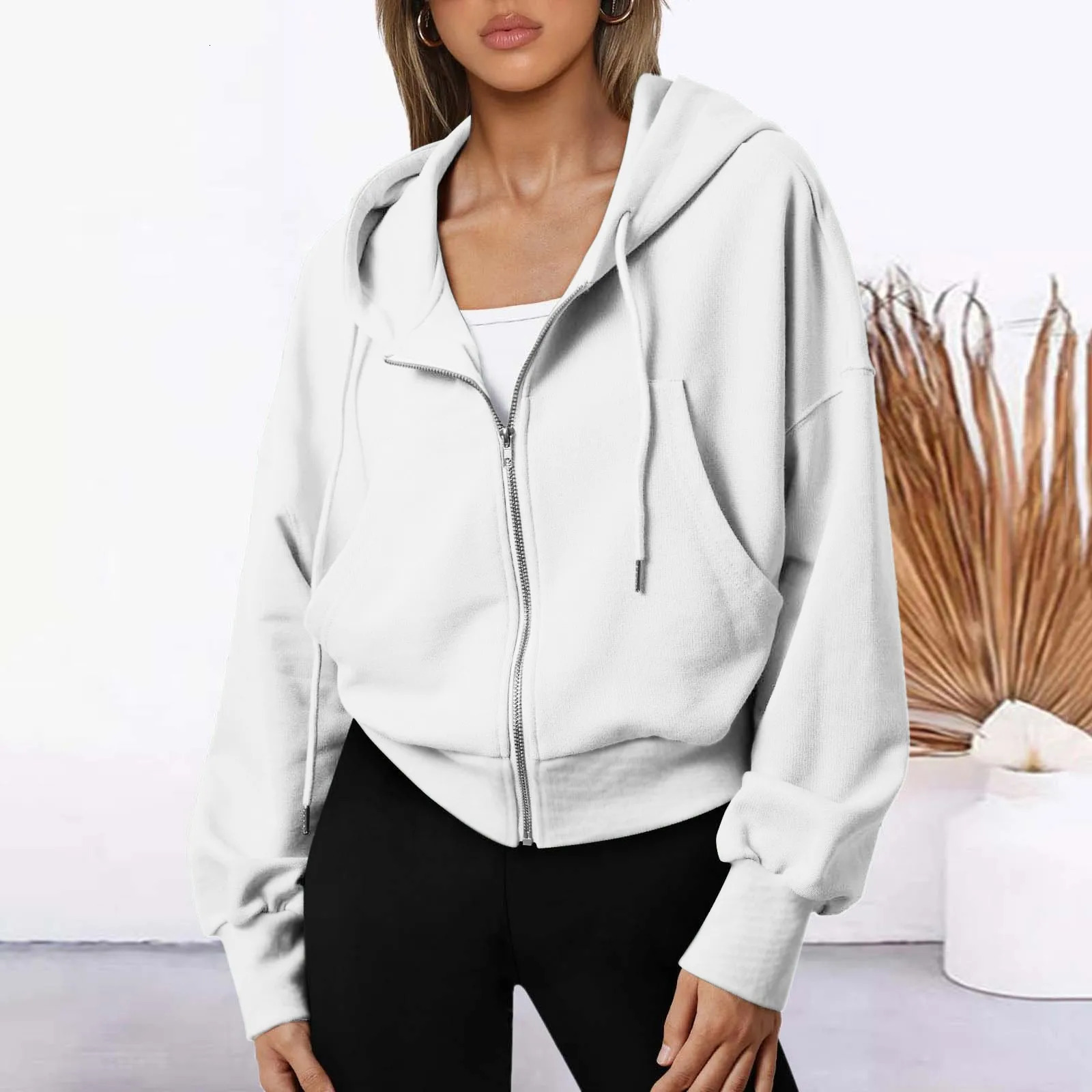 2024 Fashion Cropped Hoodie Solid Color Zip Up Oversize Hoodies Long Sleeve Casual Sweatshirt Elegant Holiday Pocket 250208Z