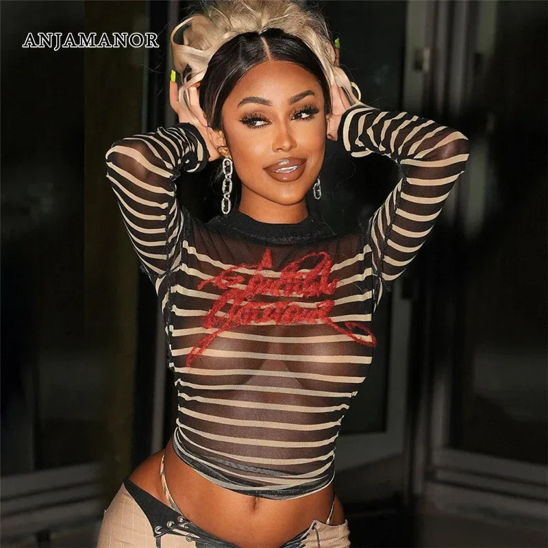 ANJAMANOR Graphic T Shirts Letter Striped Mesh Crop Tops See Through Long Sleeve Tees Black Trending Clothes for Women D87-AH12 250207