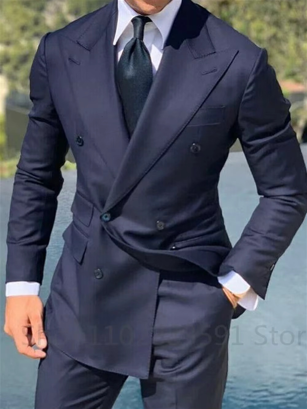 1 Piece Navy Blue Double Breasted Jacket Only Costume Homme Men Suits Tuxedo Groom Wedding Slim Fit Terno Mascuo Blazer