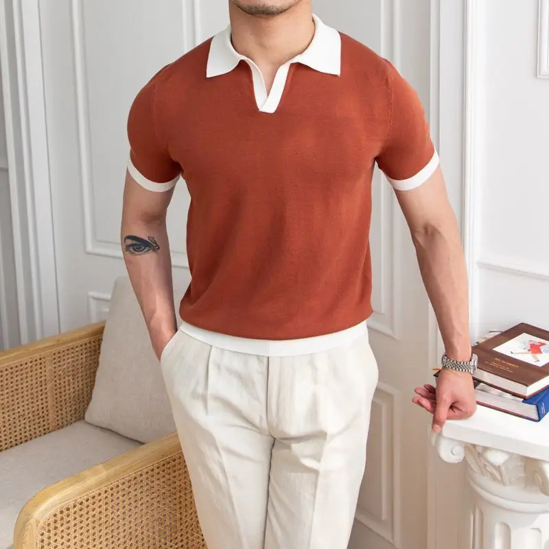 Spring Summer Fashion Elegant Polo Neck Knitted Tees Casual Versatile Western Clothing Loose Slim Mens TShirts 250207