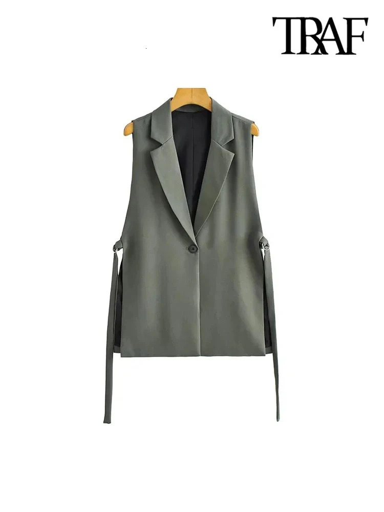TRAF Women Fashion With Taps Side Vents Waistcoat Vintage Sleeveless Front Button Female Outerwear Chic Vest Tops 250207