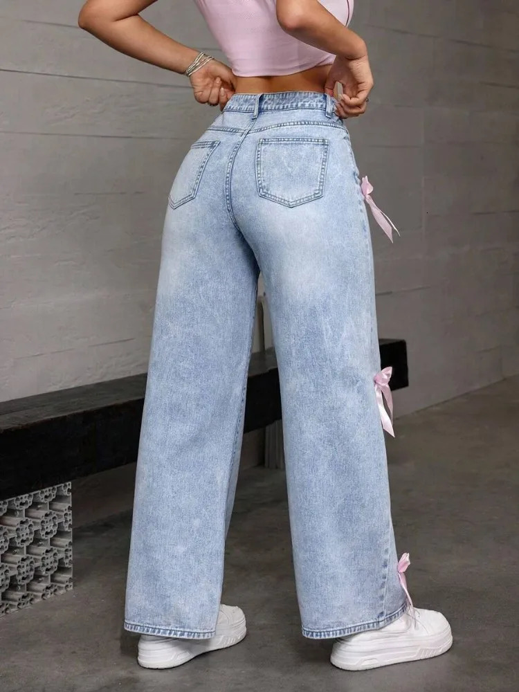 HOUZHOU Women Casual Bowknot Decor Jeans Y2k Blue Baggy Denim Trousers Loose Straight Sweet Coquette Aesthetic Washed Jeans 250206
