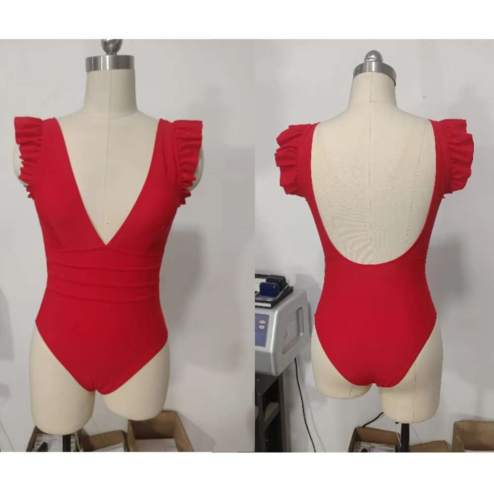 Sexy One-piece Stylish Ruffle Edge Monokini Swimsuit for Women V Neck Quick Dry Detachable Pads Bikini Set