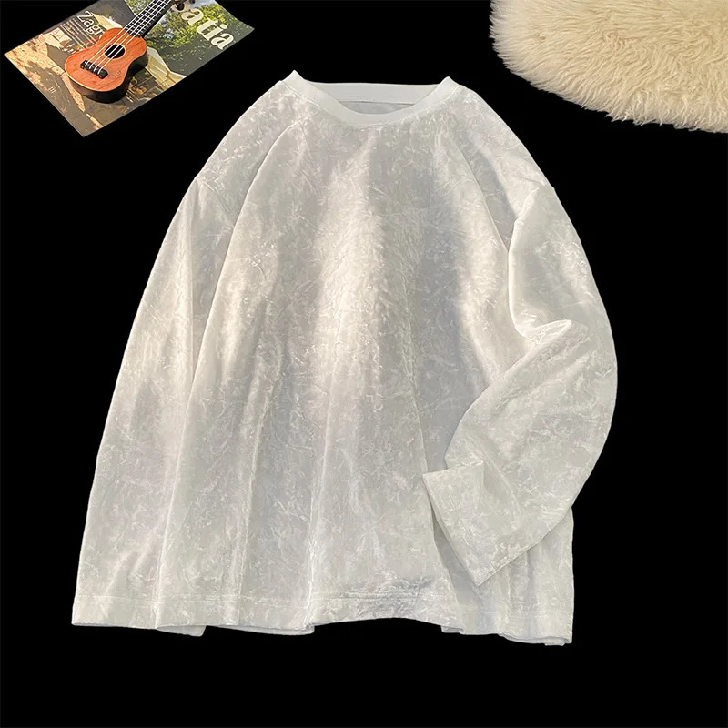 Solid Color Basic Velvet Sweatshirt Fashion Inside Long Sleeve Bottom Shirt Round Neck Tops 250207