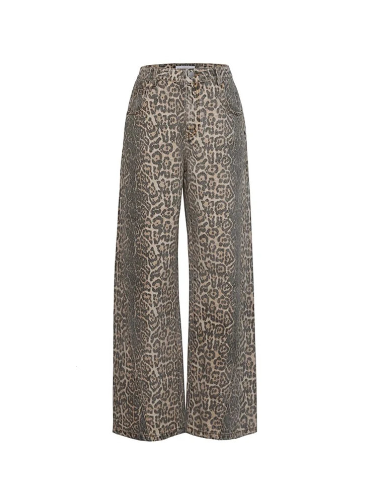 Vintage Leopard Print Jeans Women 2025 Oversize Casual Hip Pop Wide Leg Trouser Fashion Loose Denim Pants 250206