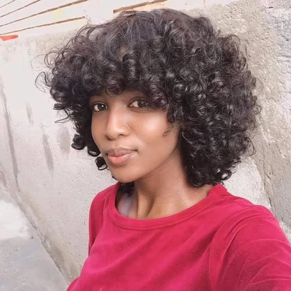 Afro Rose Curly Funmi Wigs with Bang Short Bouncy Curly Bob Wig glueless Machine Made Rose Curl cheap Human Hair Wig For Black Women 180%density full 