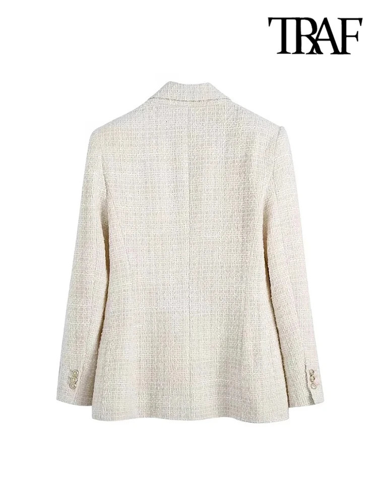 TRAF Women Fashion Tweed Double Breasted Blazer Coat Vintage Long Sleeve Flap Pockets Female Outerwear Chic Veste Femme 250208wtt