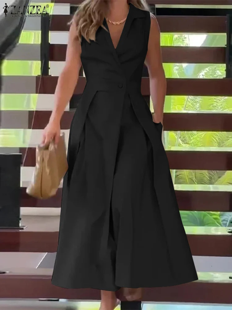 ZANZEA Stylish Solid OL Work Midi Dres Summer Dress Fashion V Neck Party Dresses Elegant Office Lady Sleeveless Sundress 250207