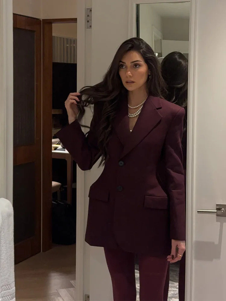 2025 Chic Burgundy Single Breasted Full Sleeve Wool Jacket Casual Slim Fit Lapel Pockets Coat Lady High Street Outerwears 250110