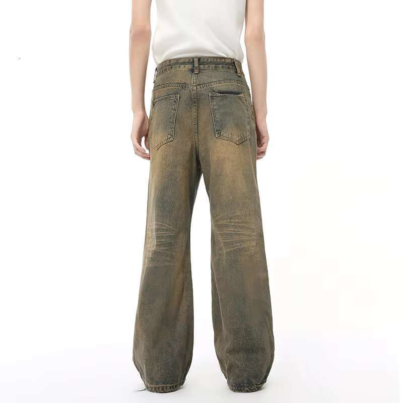 IEFB American Style Men's Jeans Solid Color Droop Worn-out Trousers Straight Wide Leg Loose Male Denim Pants Autumn 2024 9C8081