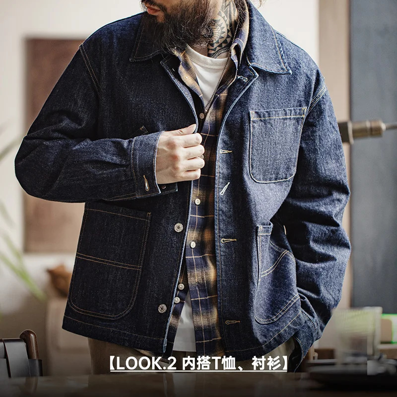 Maden Vintage Asymmetrical Fourpocket n Denim Coat for Men 14OZ Singlebreasted Turndown Collar Jacket Autumn Work 250207