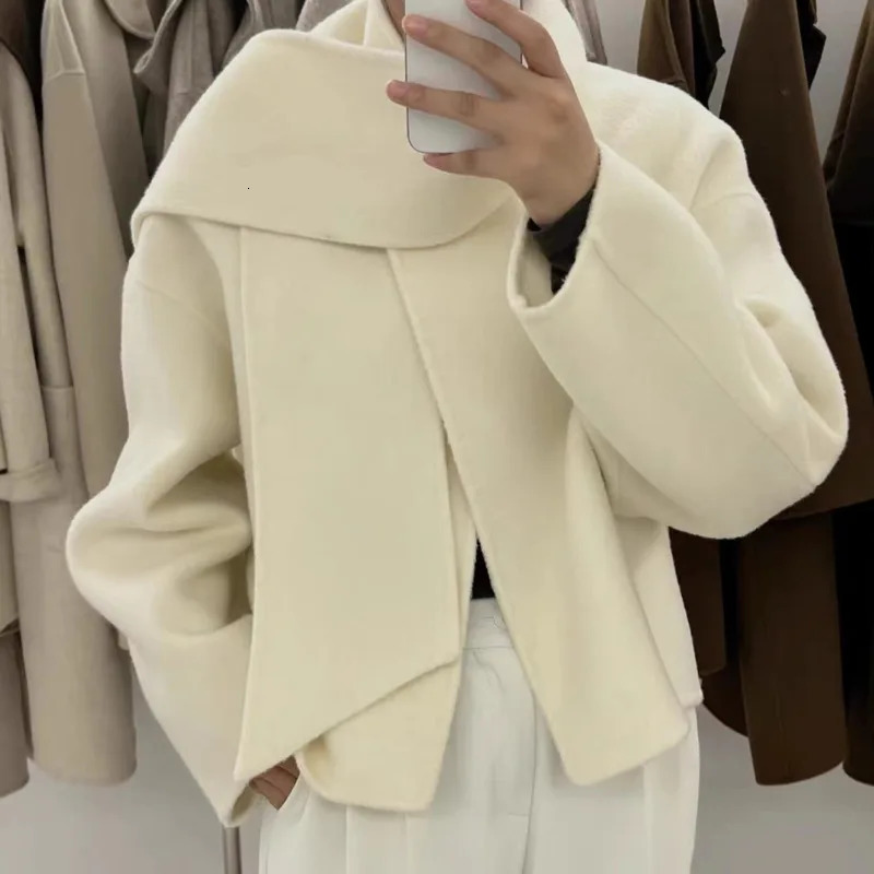 EWQ Fashion Allmatch Long Sleeve Scarf Collar Female Doublefaced Cashmere Coat Women Woolen Coats 2025 Winter Short Jacket 250109Z