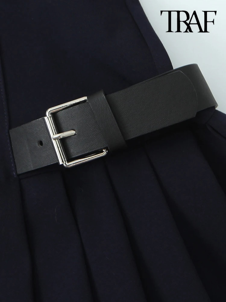 TRAFPleated Mini Dress with Side Loops for Women Halter Neck Back Zipper Female Dresses Chic Fashion 250208wtt