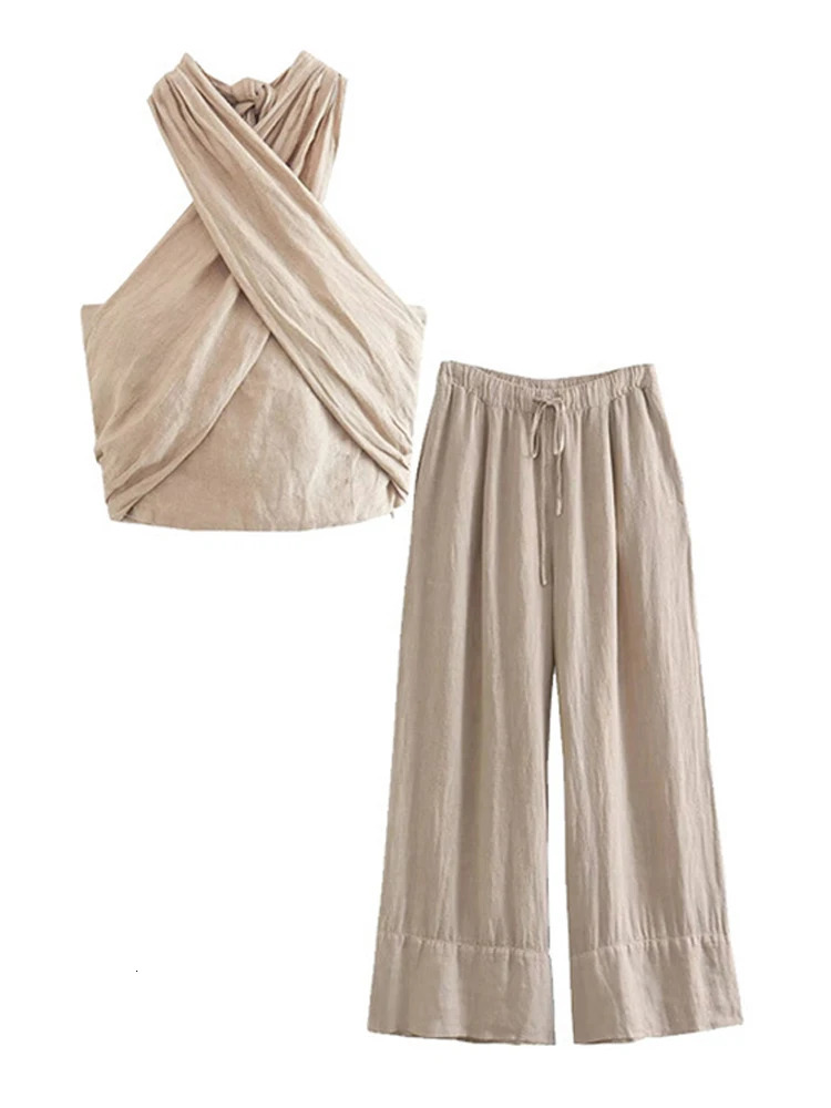 Cotton Linen Pants Set Fashion Halter Crop Top Two Piece Ladies Sets Flimsy Wide Leg 2024 est Summer High Street 250206