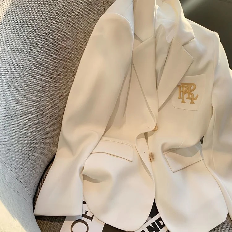 Inner lining letter embroidery premium suit jacket spring UK temperature white womens top black jacket 250207