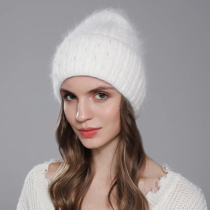 CNTANG Winter Hat For Women Warm Knitted Angora Rabbit Fur Beanies Fashion With Bead Hats Female High Quality Casual Cap 250207