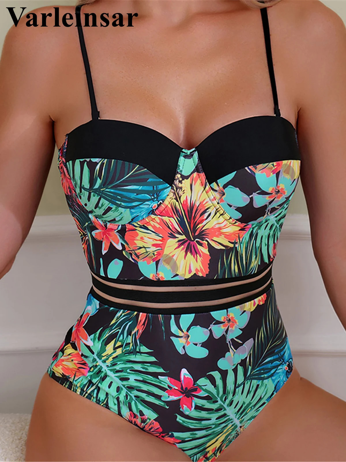 S - XL Leaves Printed Underwired With Bra Cup Women Swimwear One Piece Swimsuit Female Monokini Bather Bathing Suit Swim V5466 250206