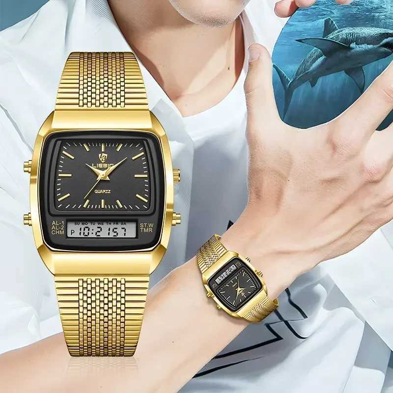 New Golden Steel Strap Quartz Sport Watch Mens Dual Time Week Display Digital Wristwatches Waterproof Clock Reloj Hombre Z250207