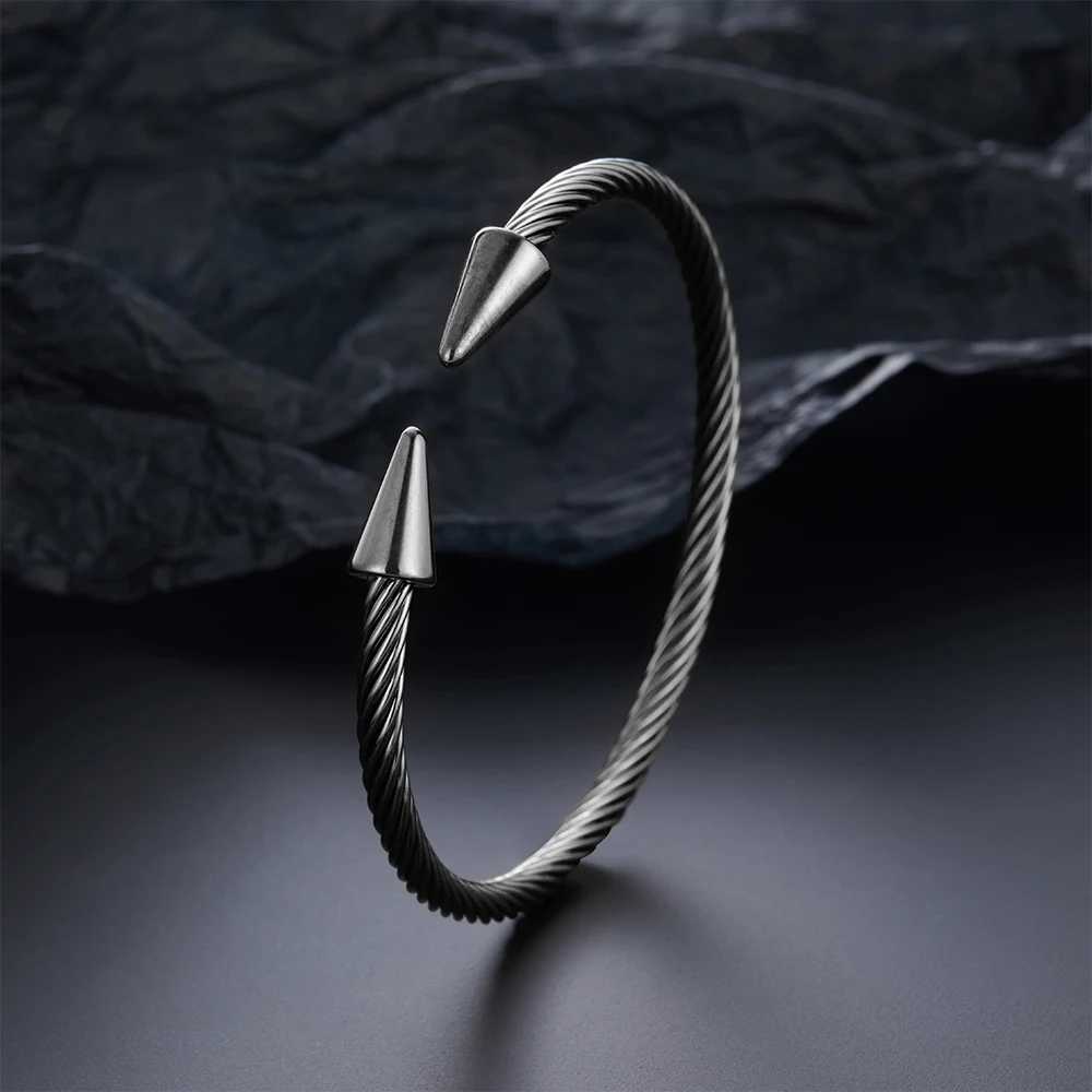 Two conical stainless steel C-shaped bracelets with twisted steel wire design classic punk style jewelry Y250208